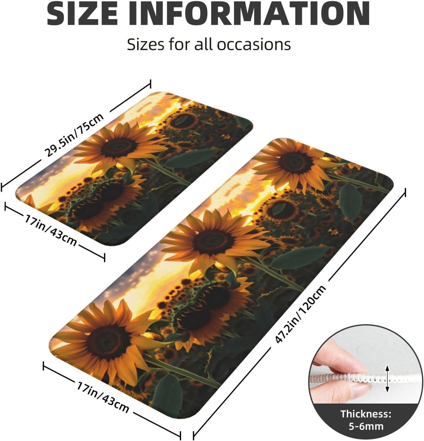 JxWCherFarm Sunflower Kitchen Mats Set of 2 Non-Slip Waterproof 17x4717x29