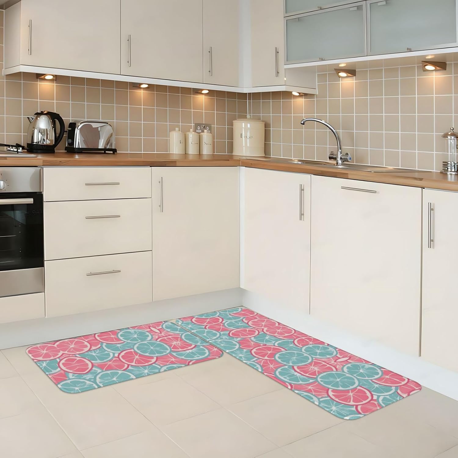 Relaxing Pink Blue Citrus Kitchen Mat with Non-Slip Waterproof Design