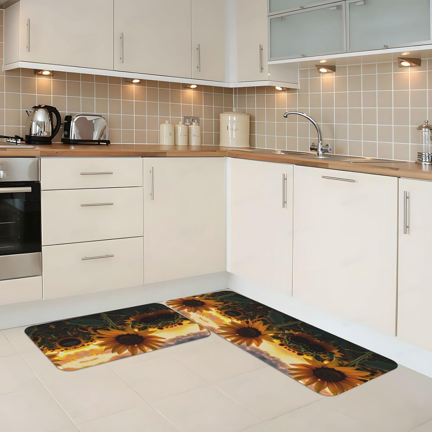 JxWCherFarm Sunflower Kitchen Mats Set of 2 Non-Slip Waterproof 17x4717x29