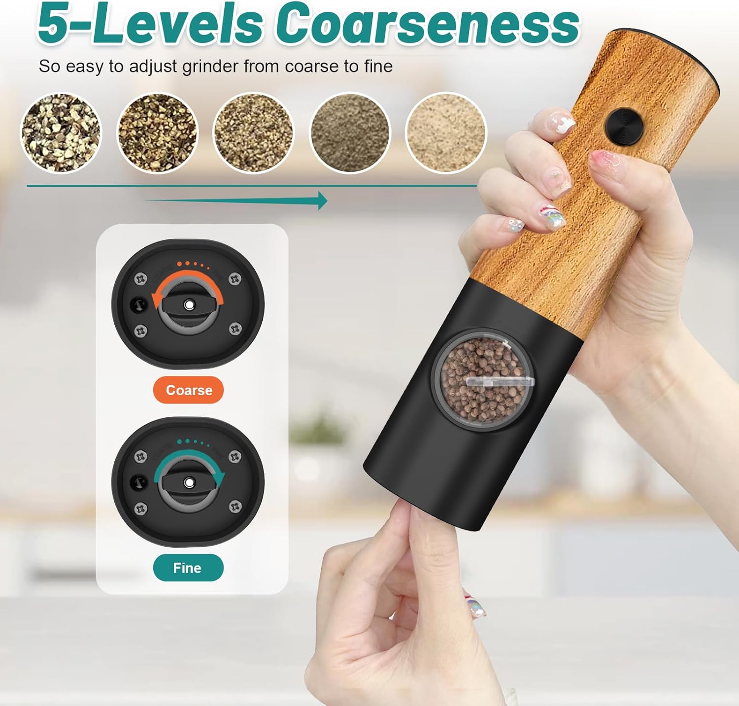 Electric Salt and Pepper Grinder Set - Auto Power 5-Adjustable Levels Durable
