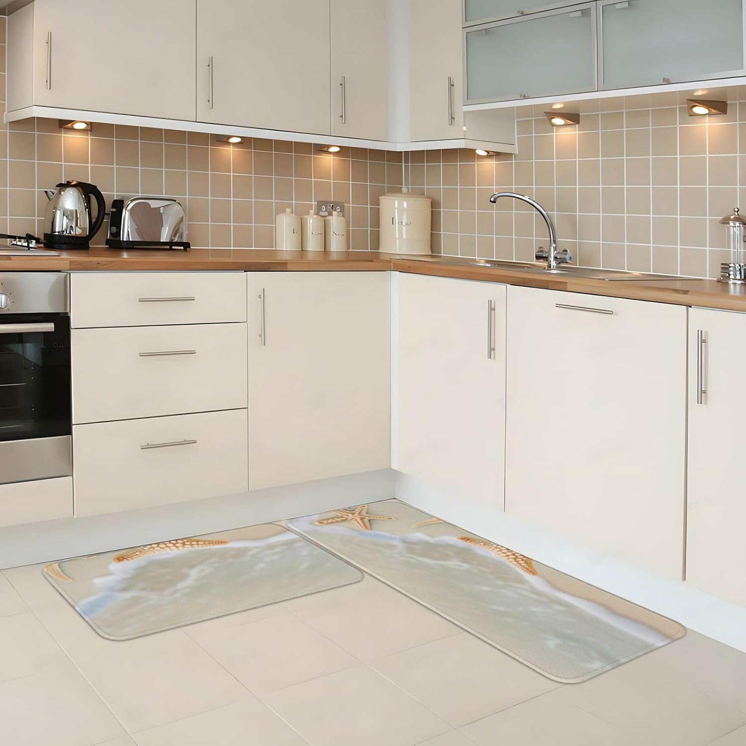 Beach Starfish Print Kitchen Mats 2Pcs Non-Slip Waterproof