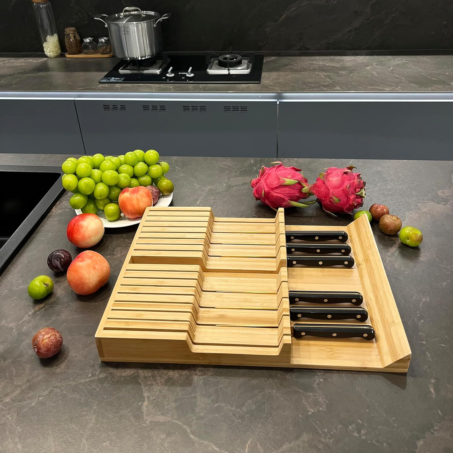 Bamboo In-Drawer Knife Block Organizer Holds 16 Knives 1 Sharpening Steel