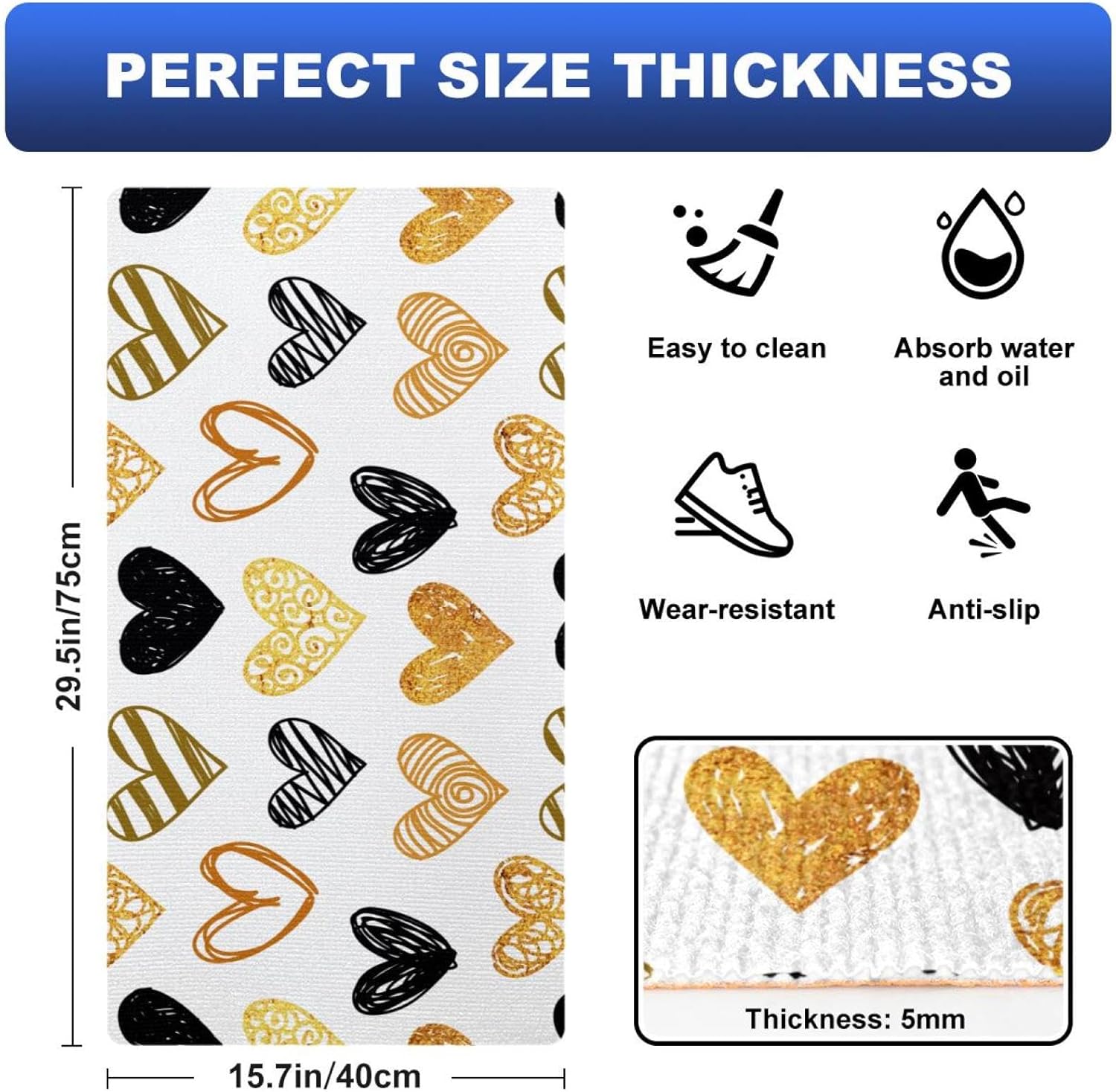 Sturdy Anti-Fatigue Kitchen Floor Mat Golden-Black Heart Design