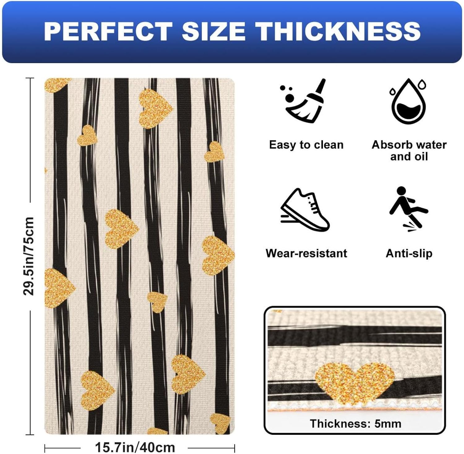 Stripes Golden Hearts Kitchen Mat