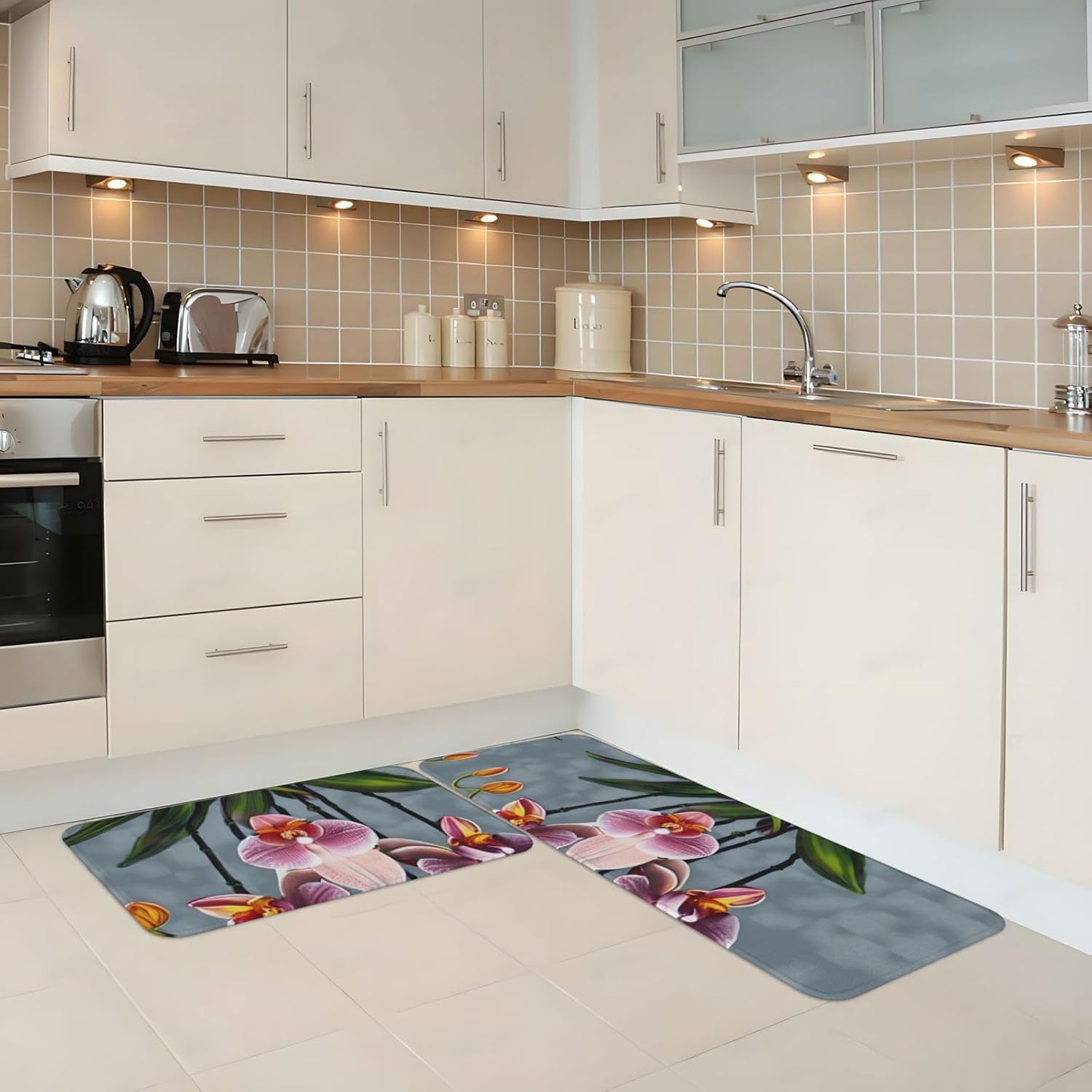 Modern Kitchen Mat with Pretty Printing Non-Slip Waterproof 17x47 17x29 inch Set