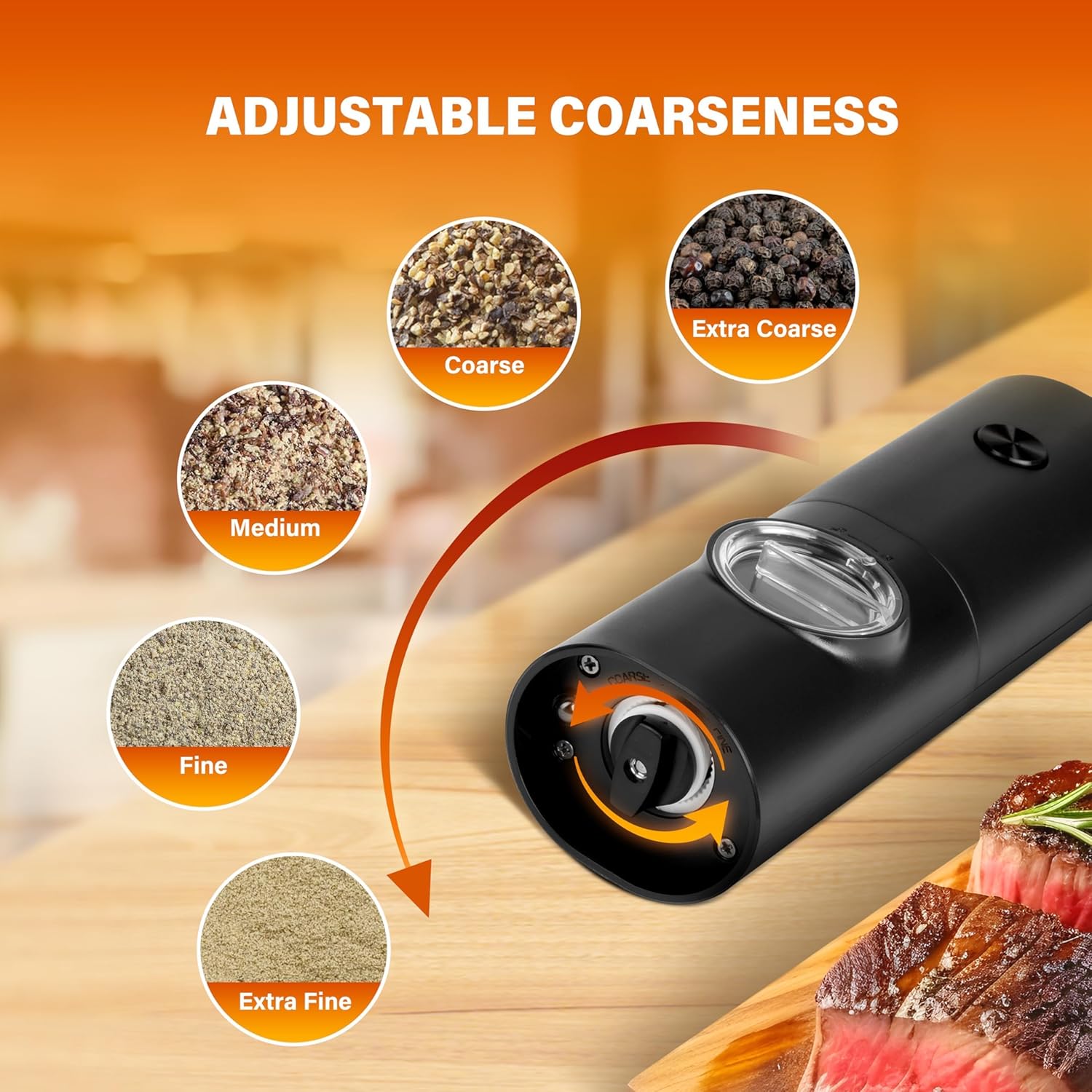 Stylish Electric Salt Pepper Grinder Set Black Adjustable Battery Operated
