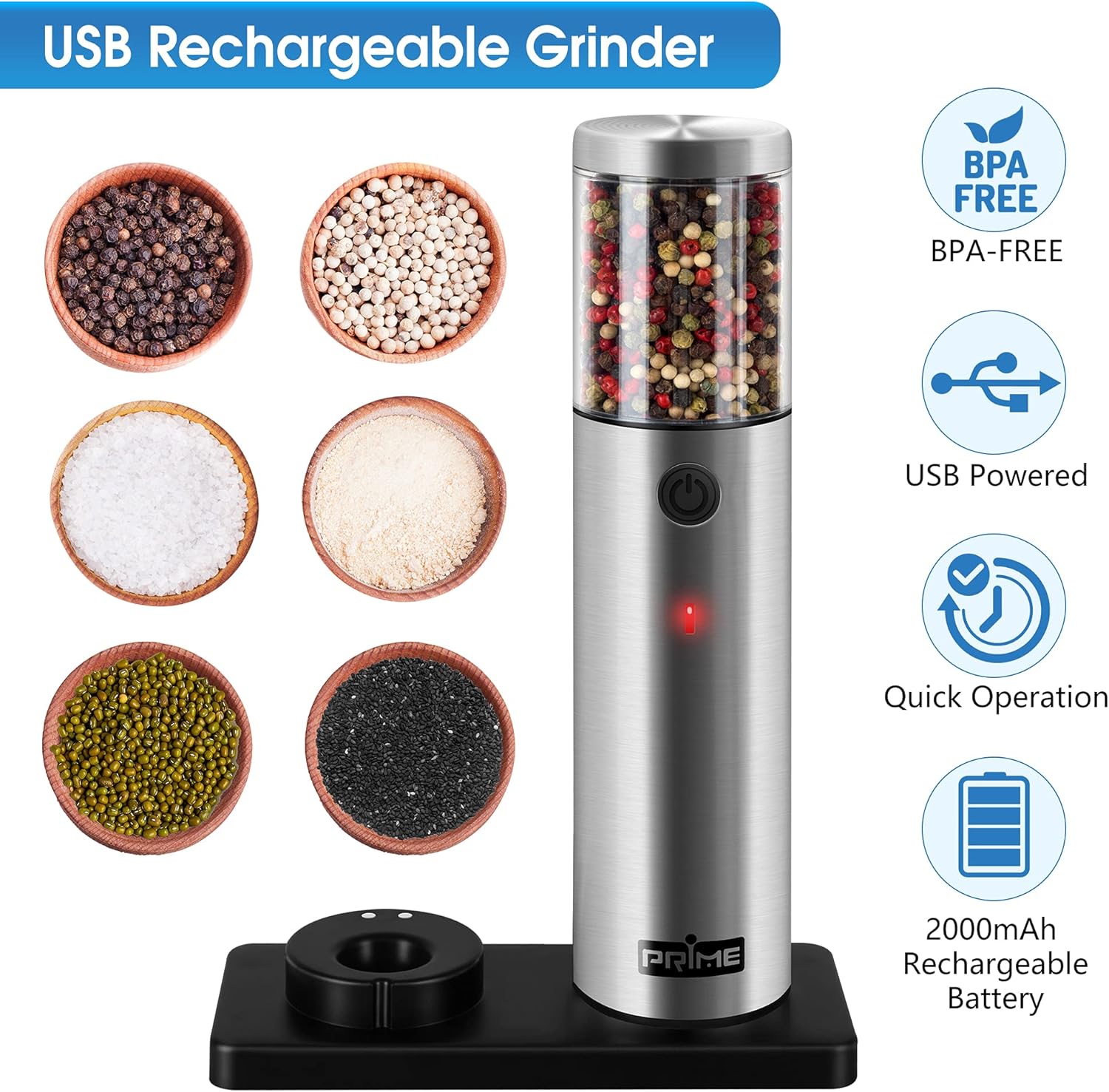 PrimeNew electric salt and pepper grinder set rechargeable with LED light