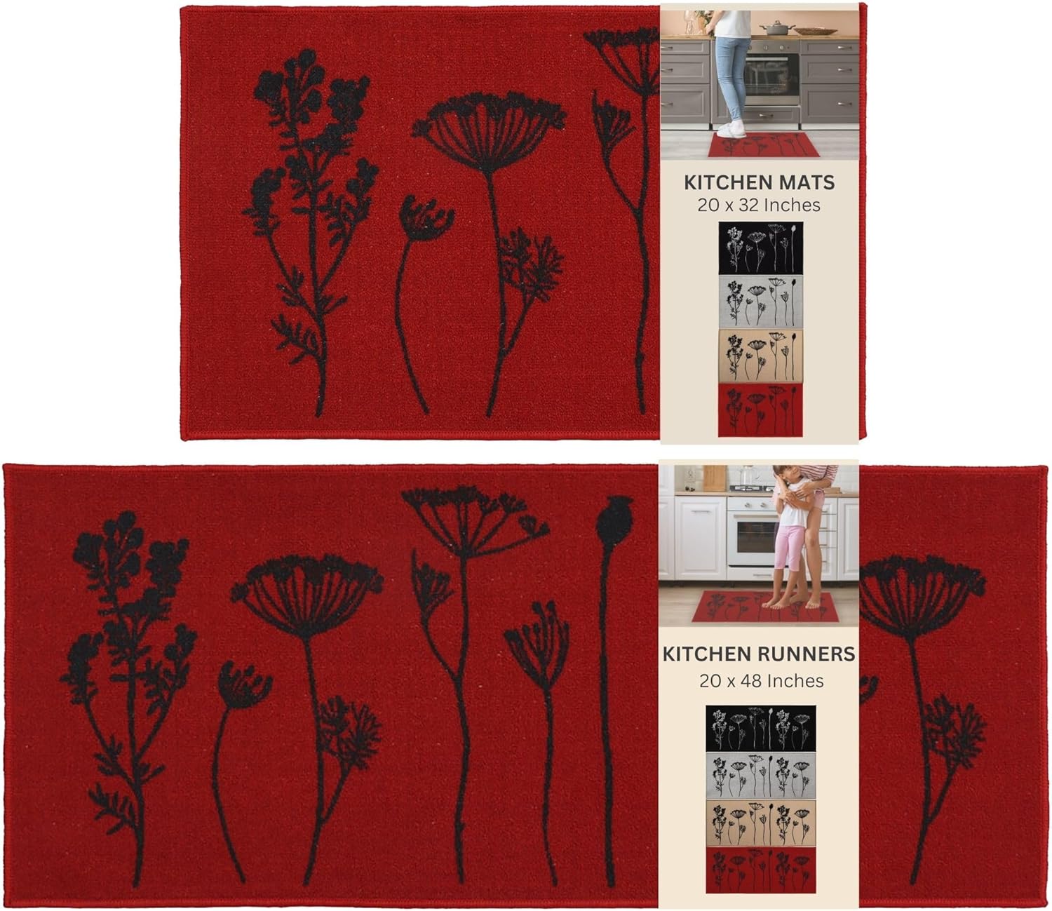 Luxury Wool Effect Kitchen Mat and Runner in RedBlack