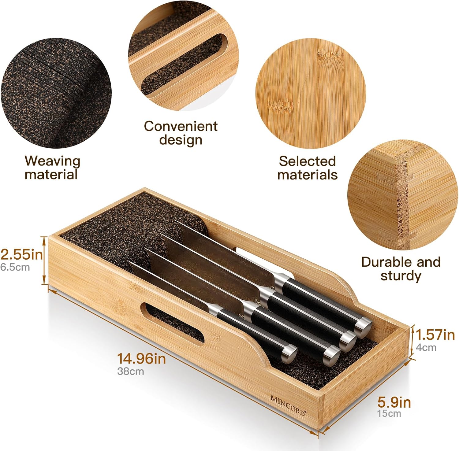 Bamboo Knife Organizer Insert for Drawerstorage 12-inch Long Knives