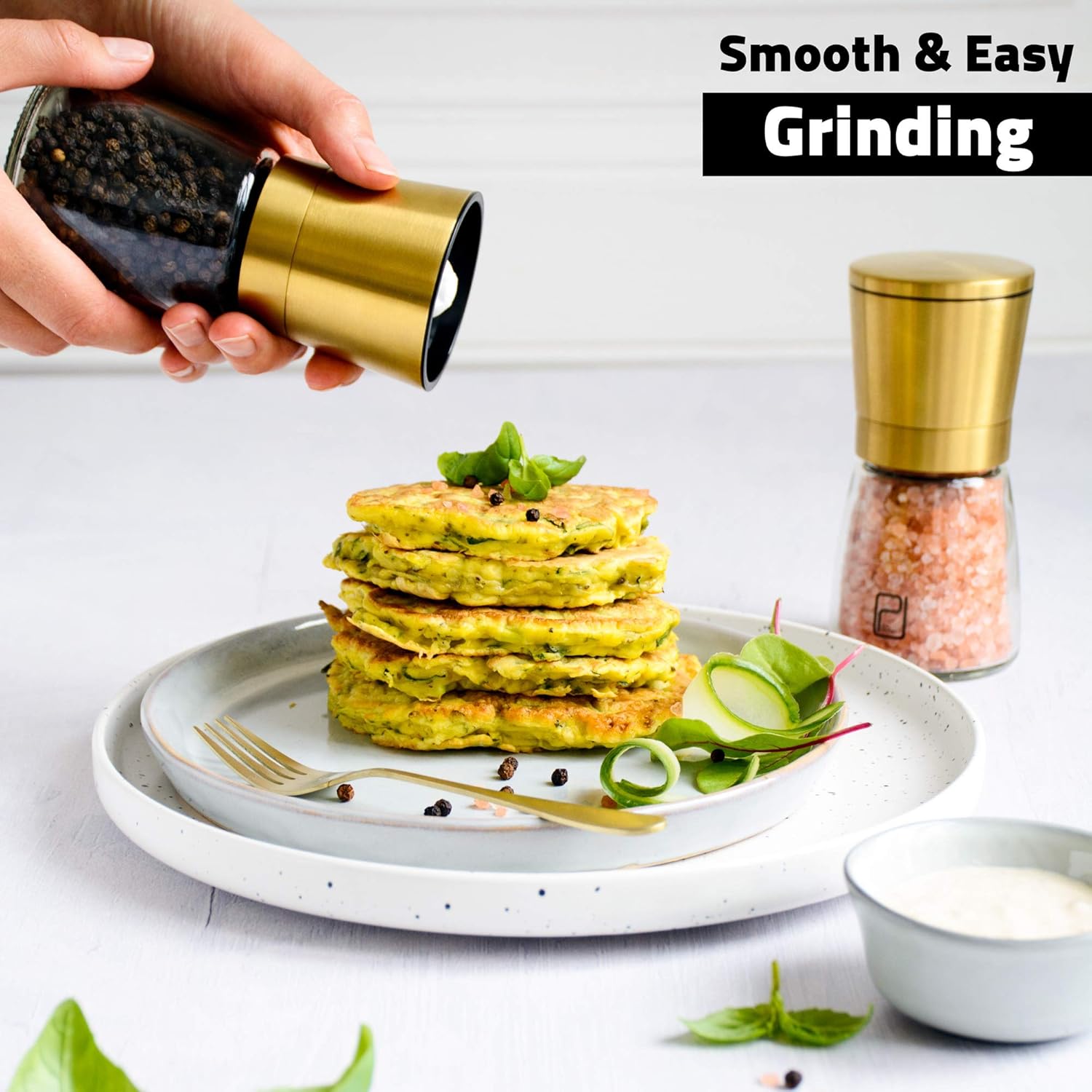 Golden Salt and Pepper Shucker Set with adjustable coarseness