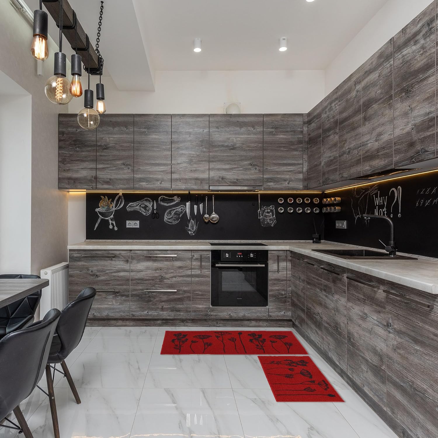 Luxury Wool Effect Kitchen Mat and Runner in RedBlack