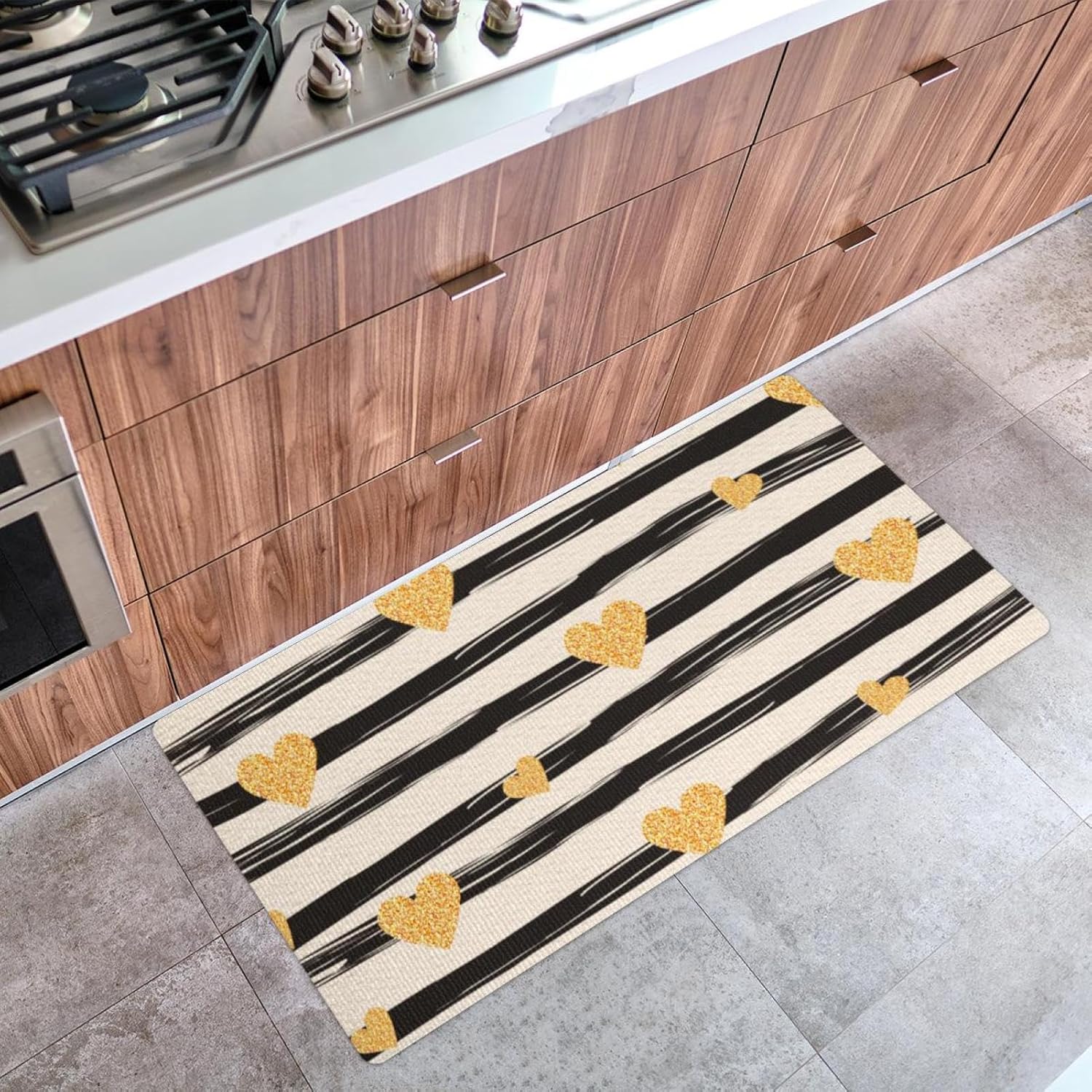 Stripes Golden Hearts Kitchen Mat