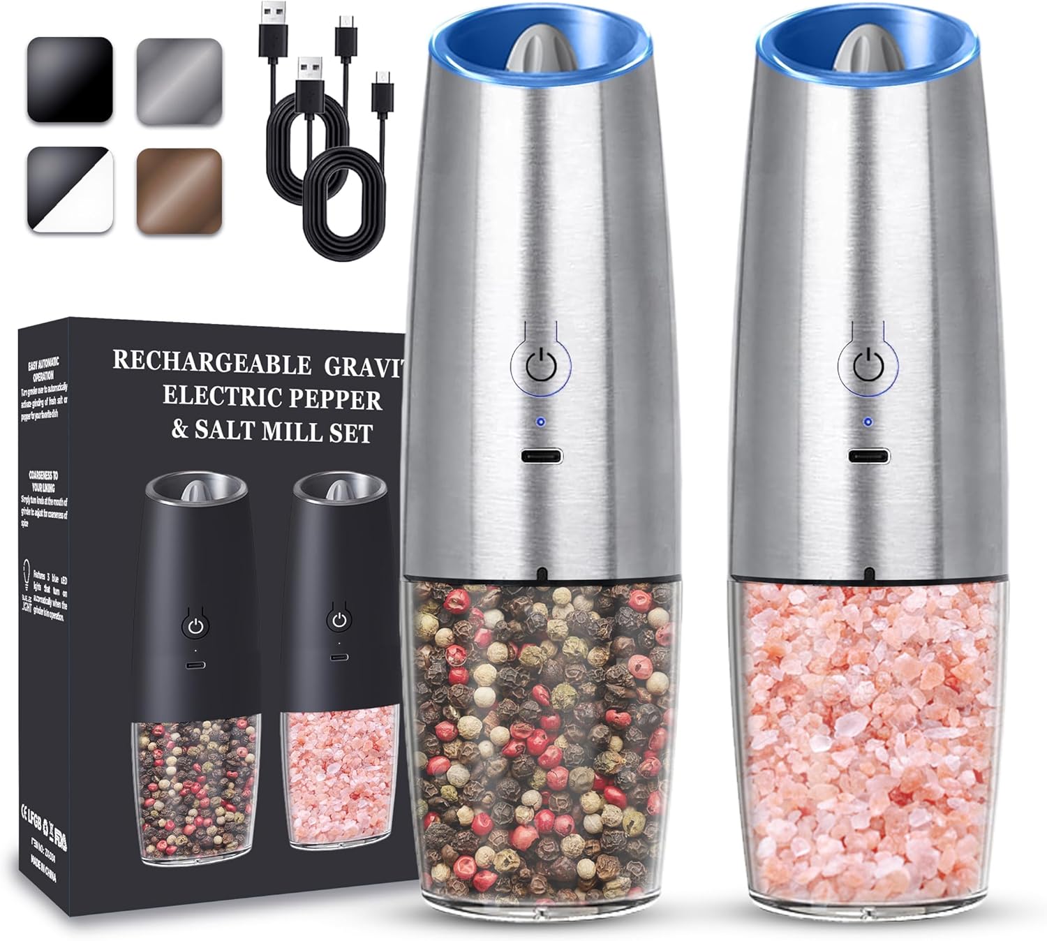 Rechargeable Electric Salt Pepper Grinder Set 2-Pack Silver