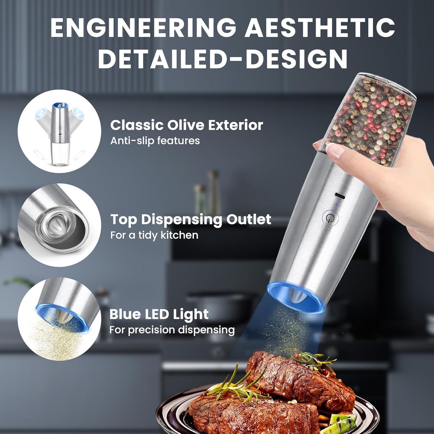 Rechargeable Electric Salt Pepper Grinder Set 2-Pack Silver