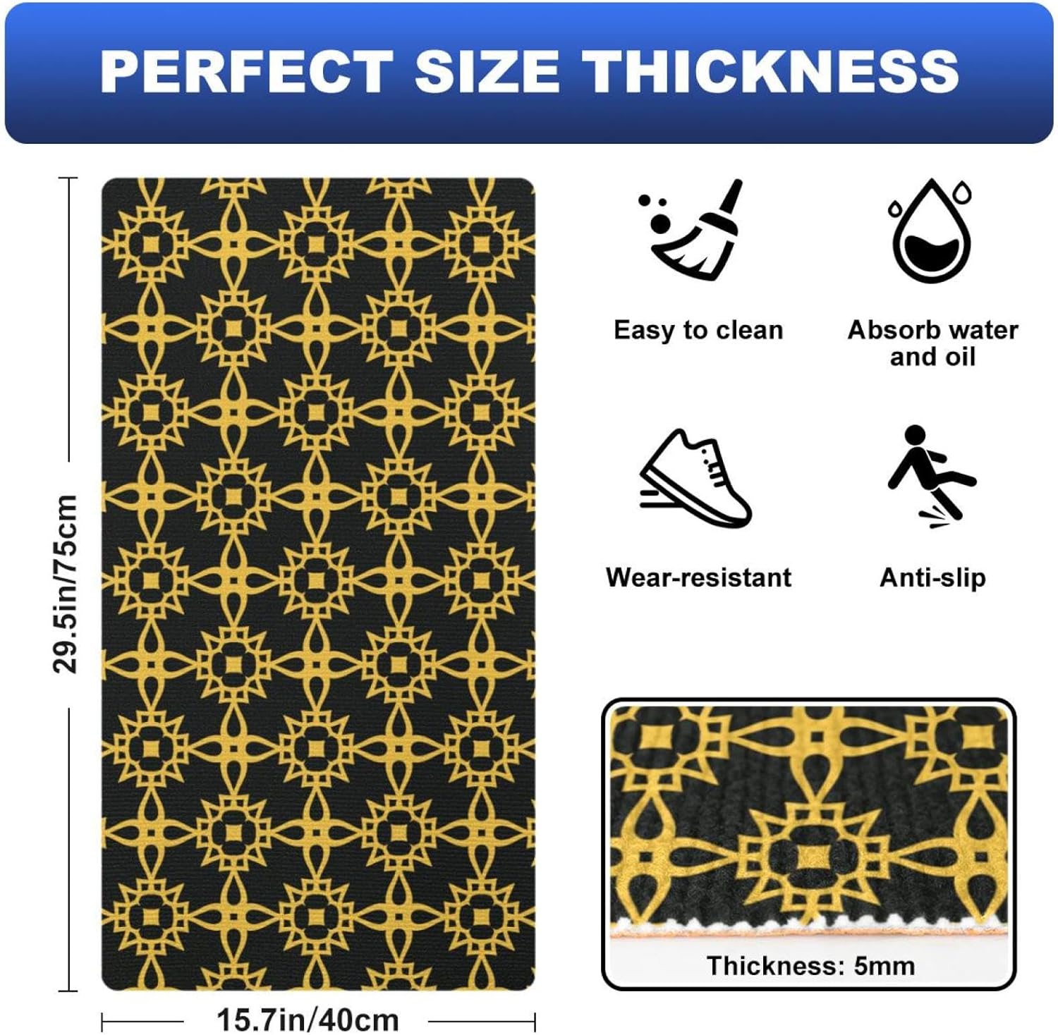 RODAILYCAY Golden Geometric Pattern Kitchen Mat