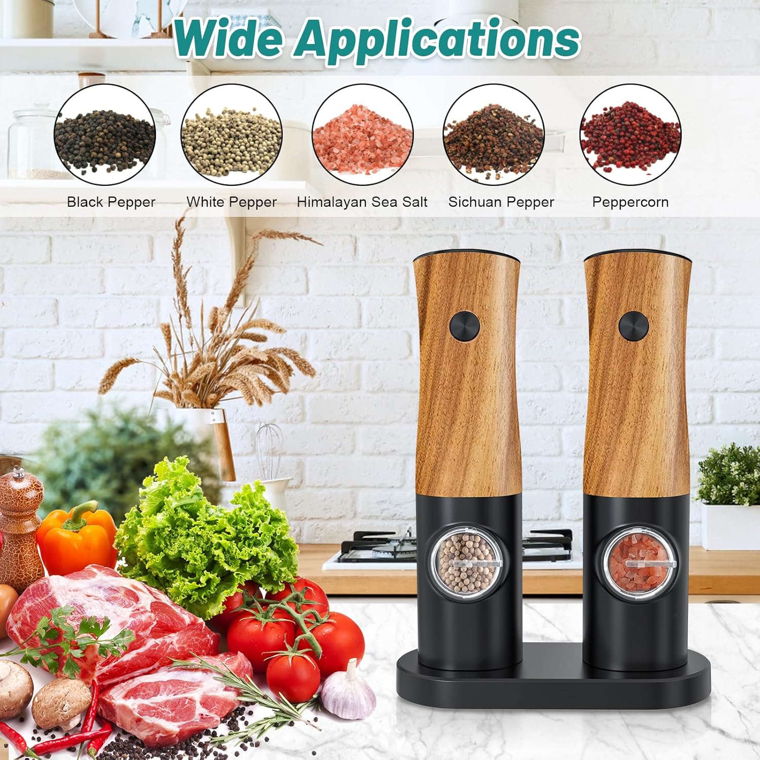 Electric Salt and Pepper Grinder Set - Auto Power 5-Adjustable Levels Durable