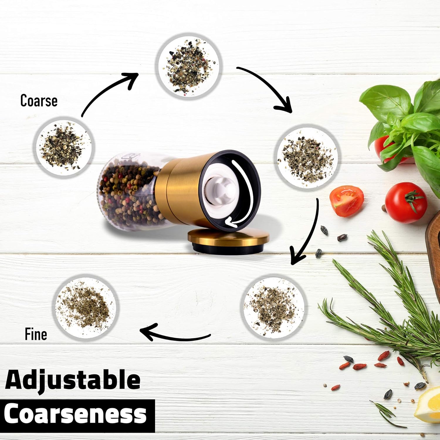 Golden Salt and Pepper Shucker Set with adjustable coarseness