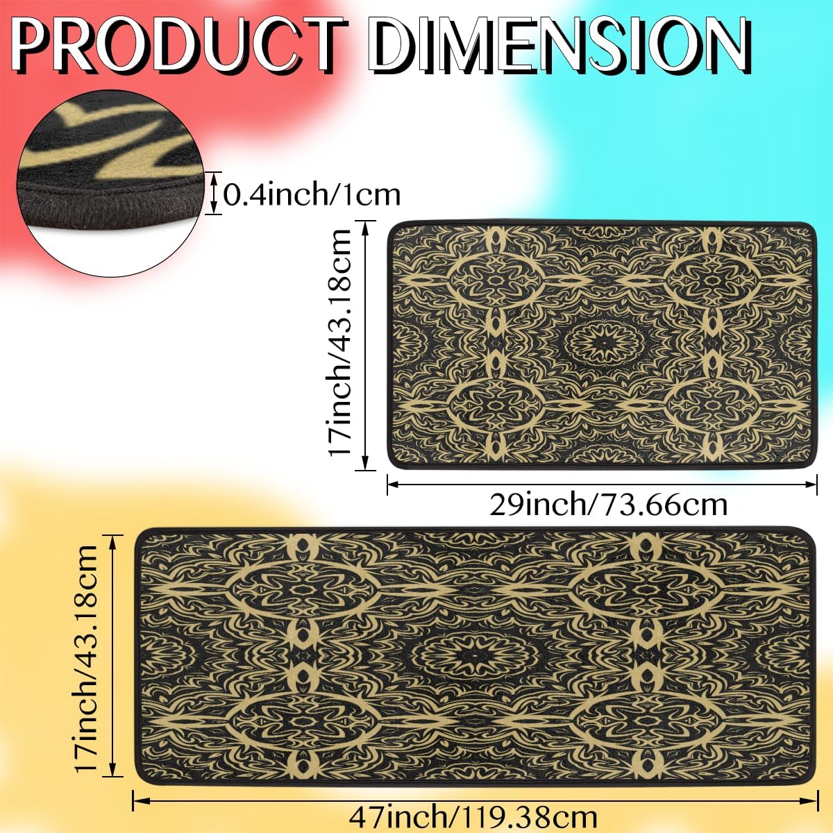 Gold Textured Ripple Designs Standing Kitchen Mats Anti-Fatigue Durable Set of 2