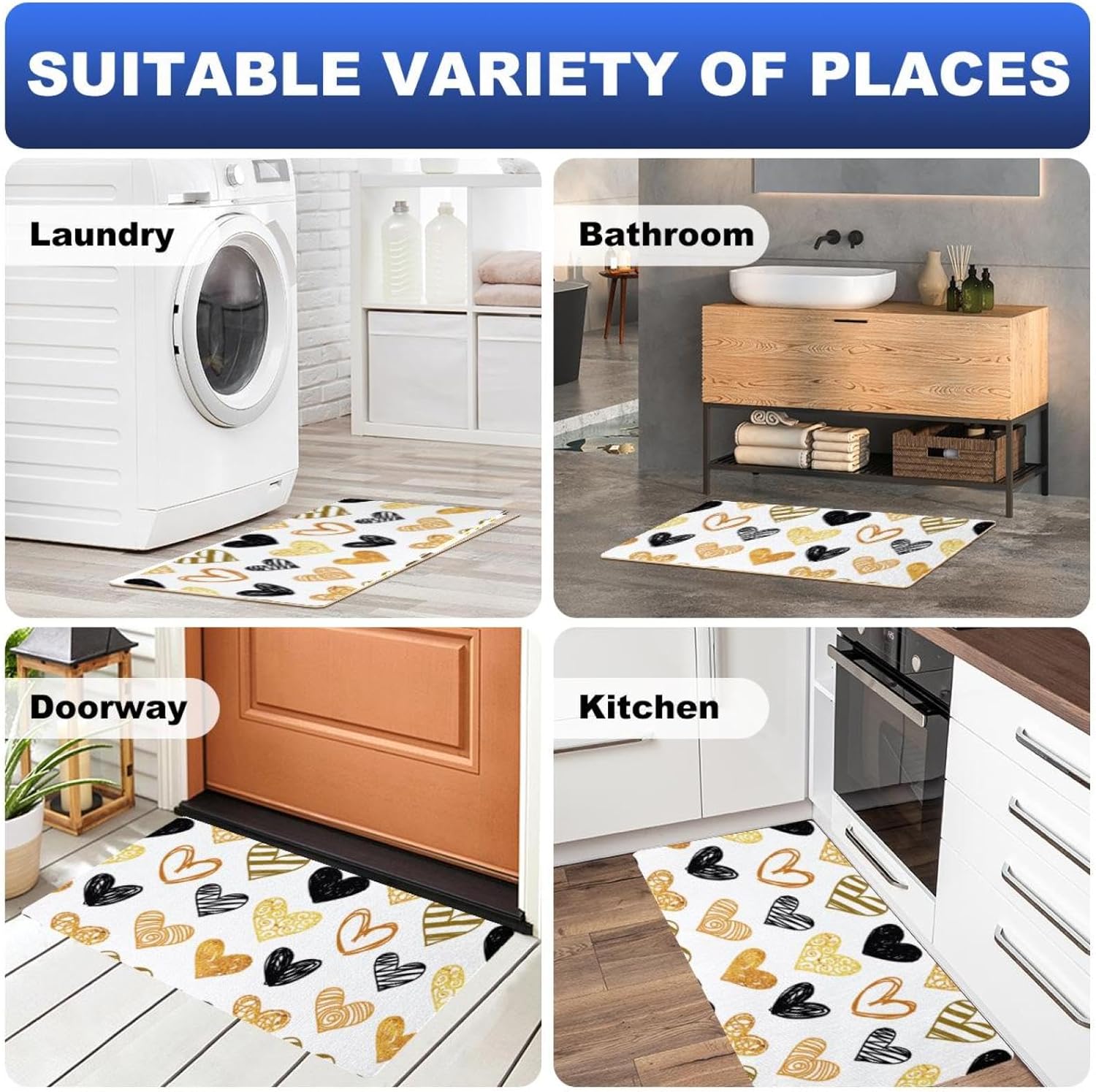 Sturdy Anti-Fatigue Kitchen Floor Mat Golden-Black Heart Design