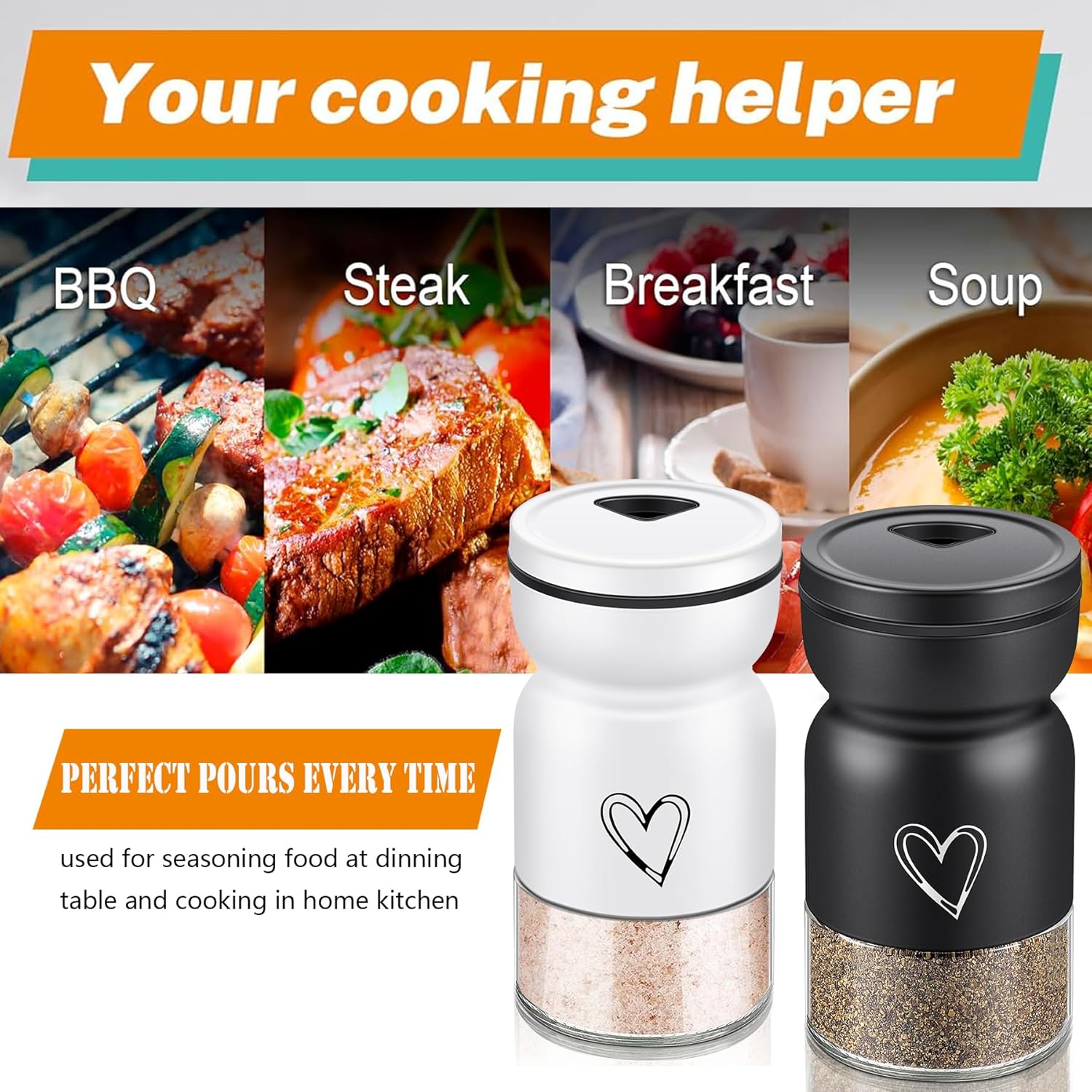 Adjustable Stainless Steel Salt and Pepper Shakers Set with Heart Pattern Design