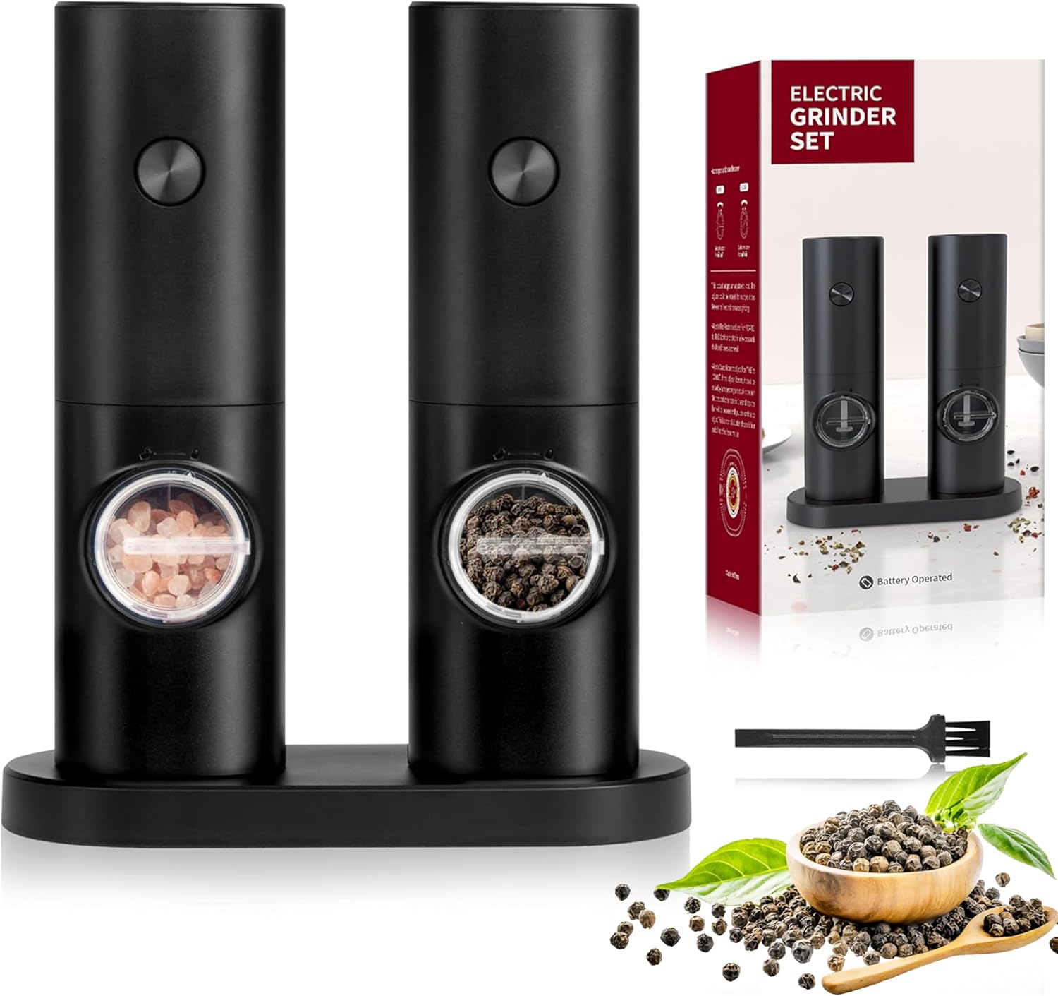 Stylish Electric Salt Pepper Grinder Set Black Adjustable Battery Operated