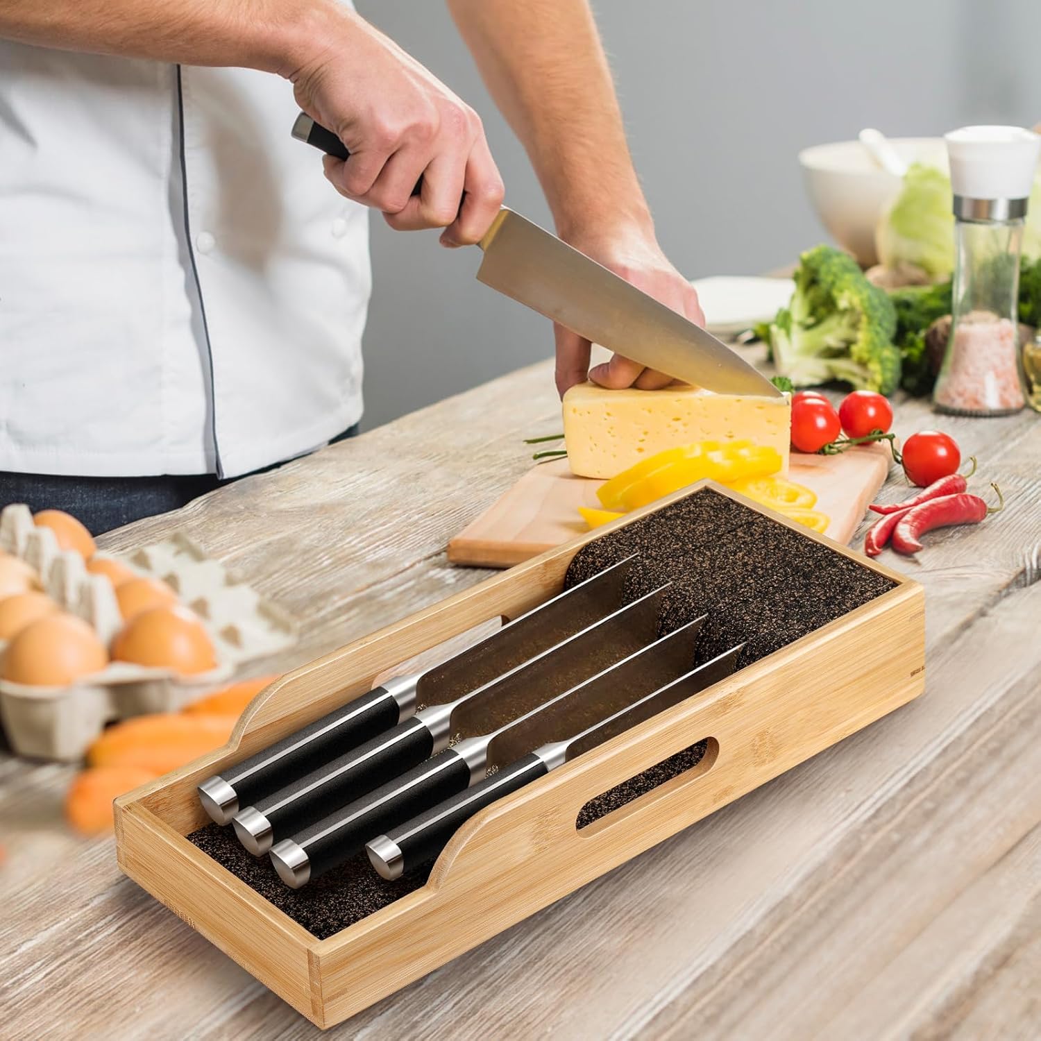Bamboo Knife Organizer Insert for Drawerstorage 12-inch Long Knives