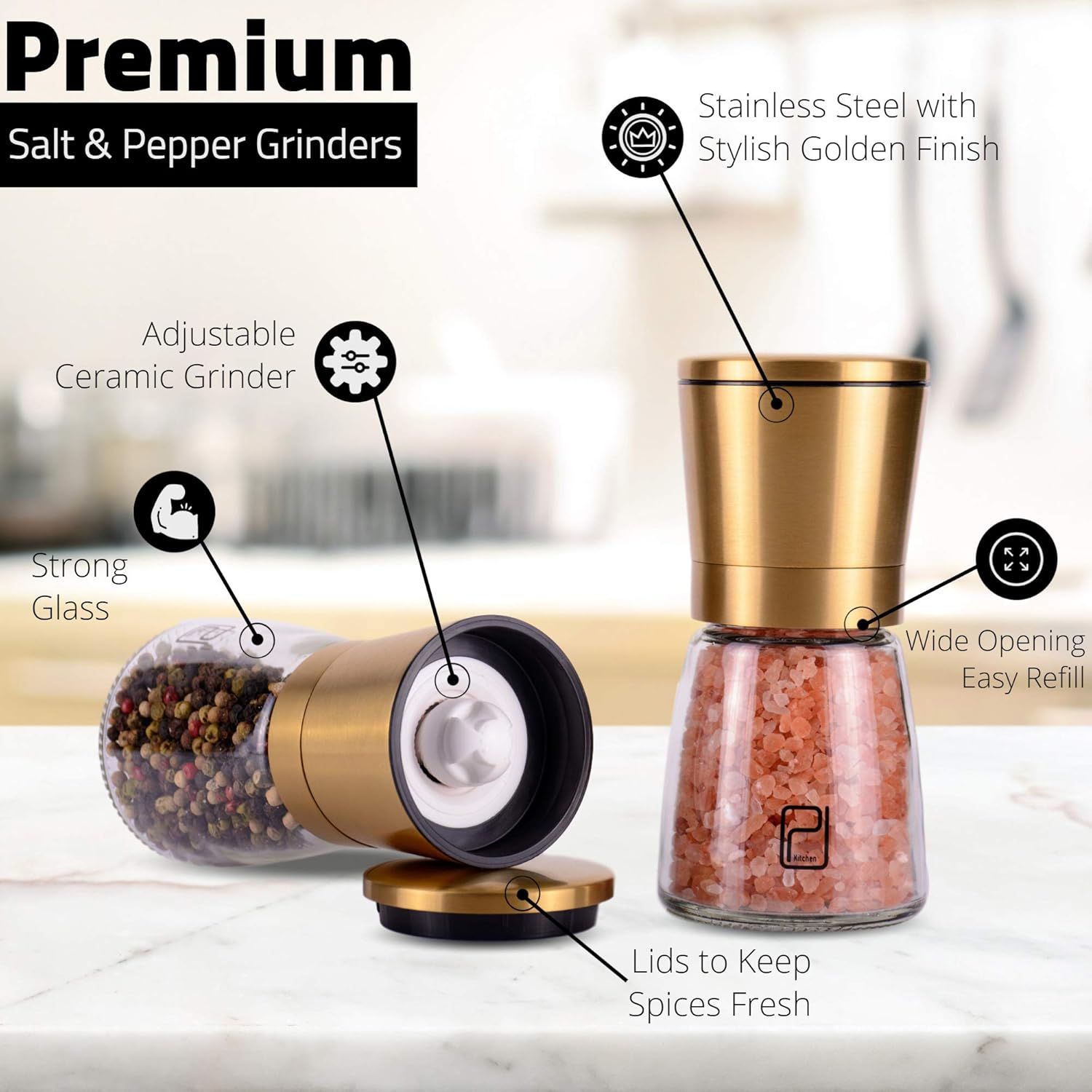 Golden Salt and Pepper Shucker Set with adjustable coarseness