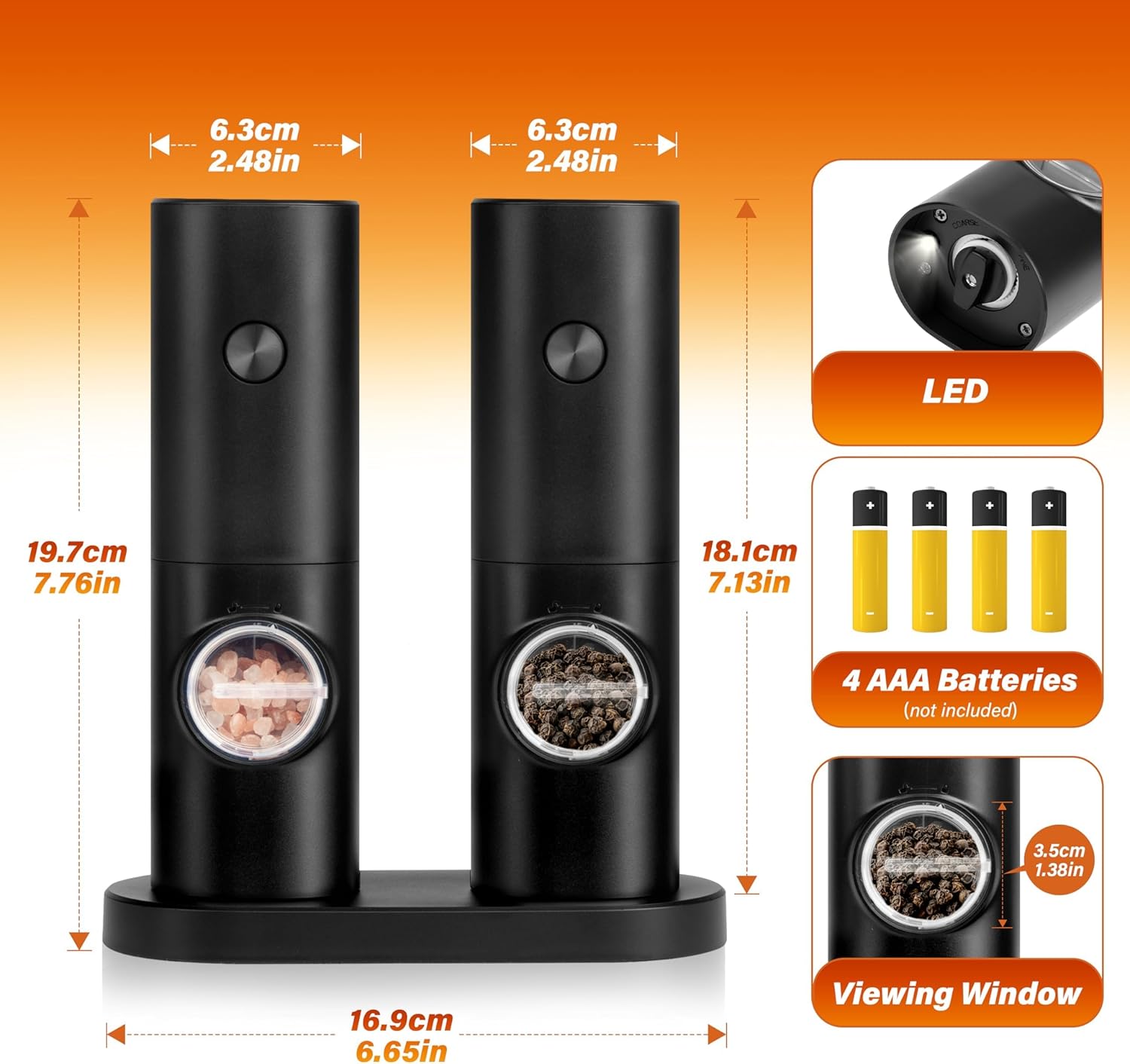 Stylish Electric Salt Pepper Grinder Set Black Adjustable Battery Operated