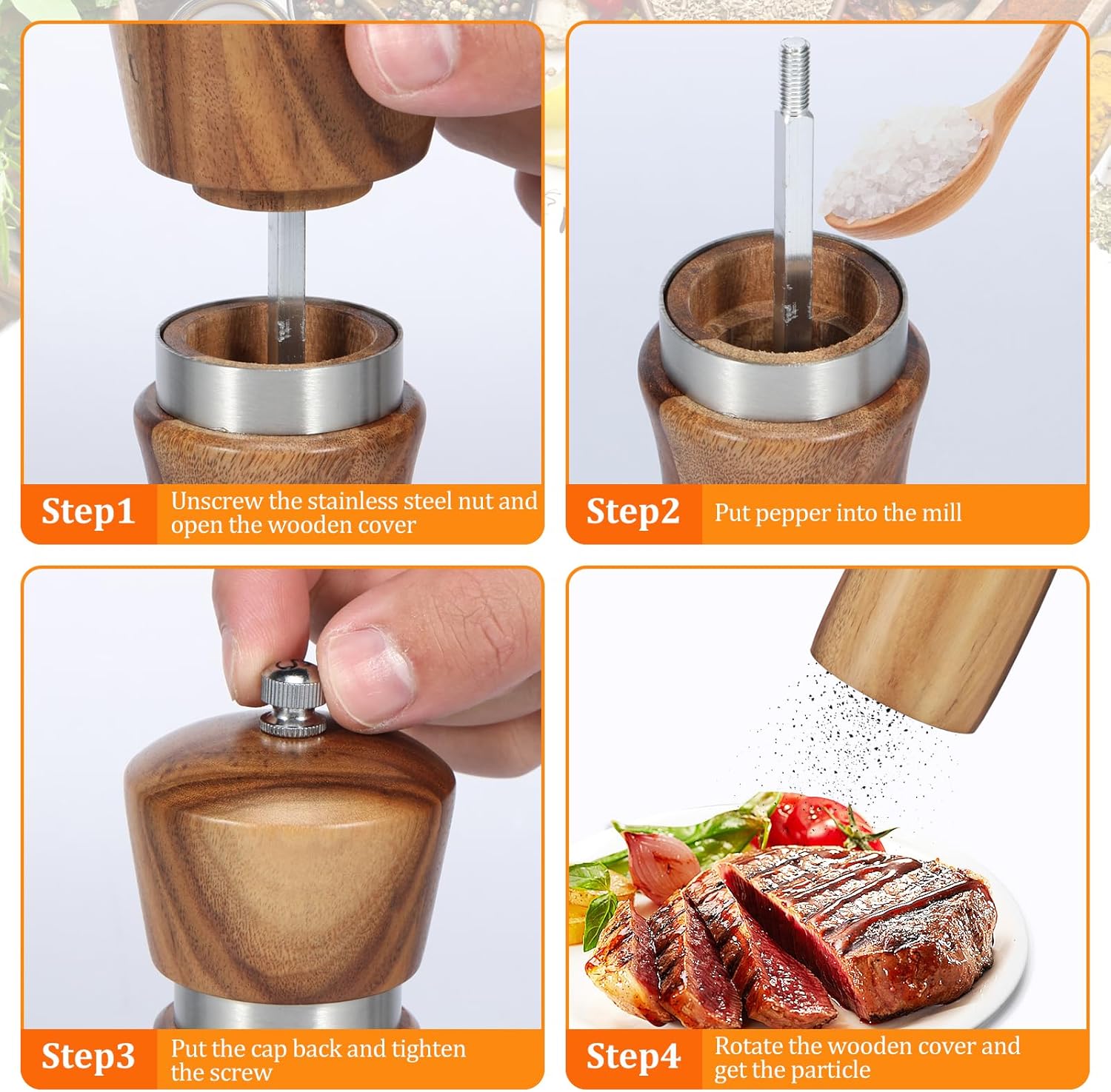 RVEFOT 4-Piece Acacia Wood Salt Pepper Grinders
