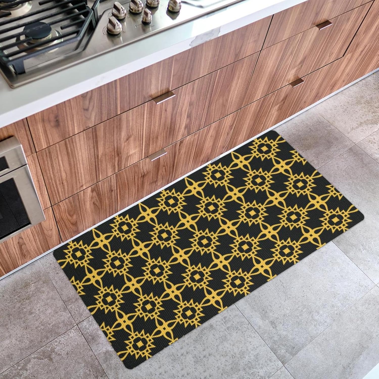 RODAILYCAY Golden Geometric Pattern Kitchen Mat