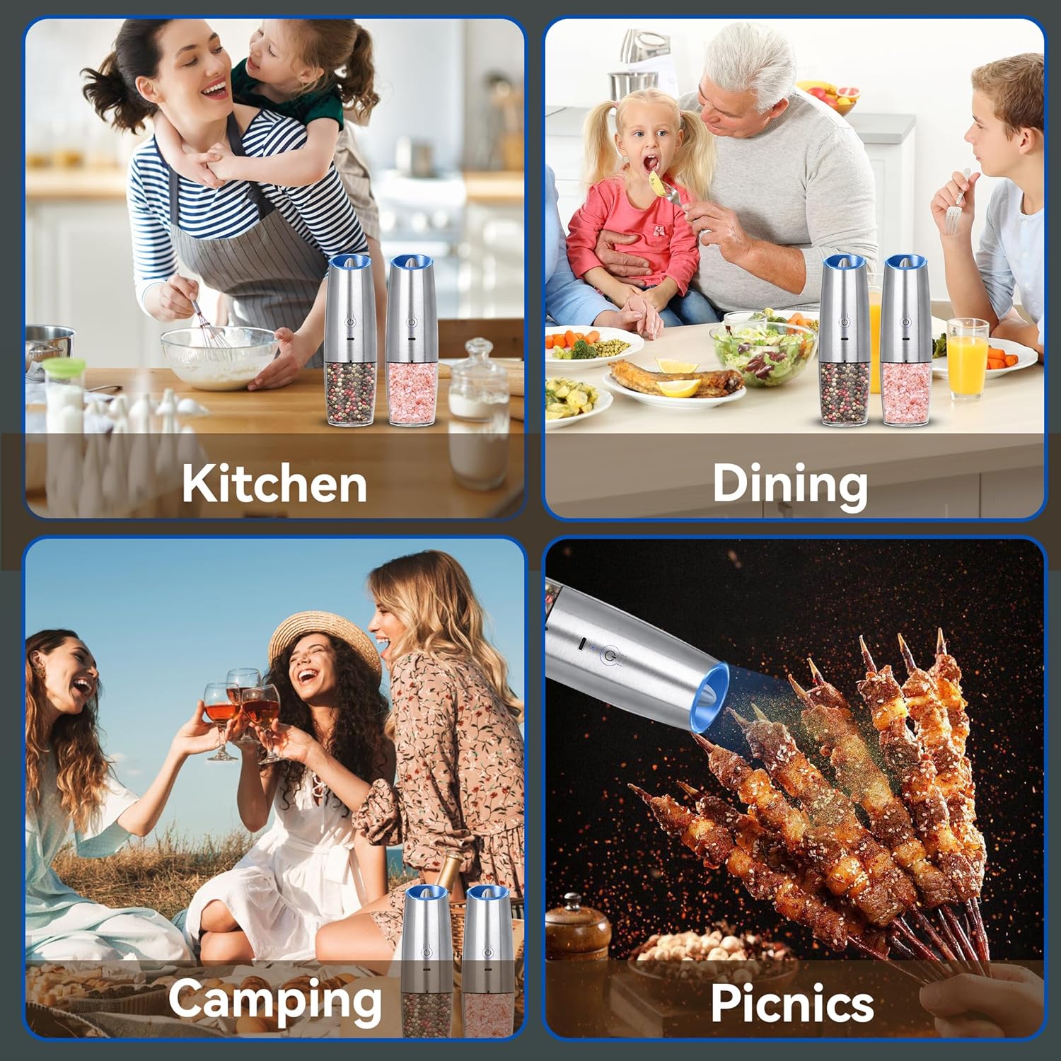 Rechargeable Electric Salt Pepper Grinder Set 2-Pack Silver
